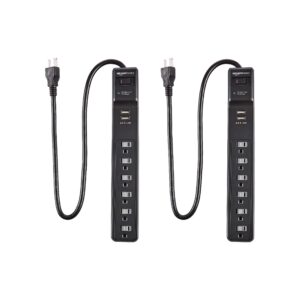 amazon basics 6-outlet surge protector power strip, 2 usb ports, 2 ft cord - 500 joule, black, 2-pack