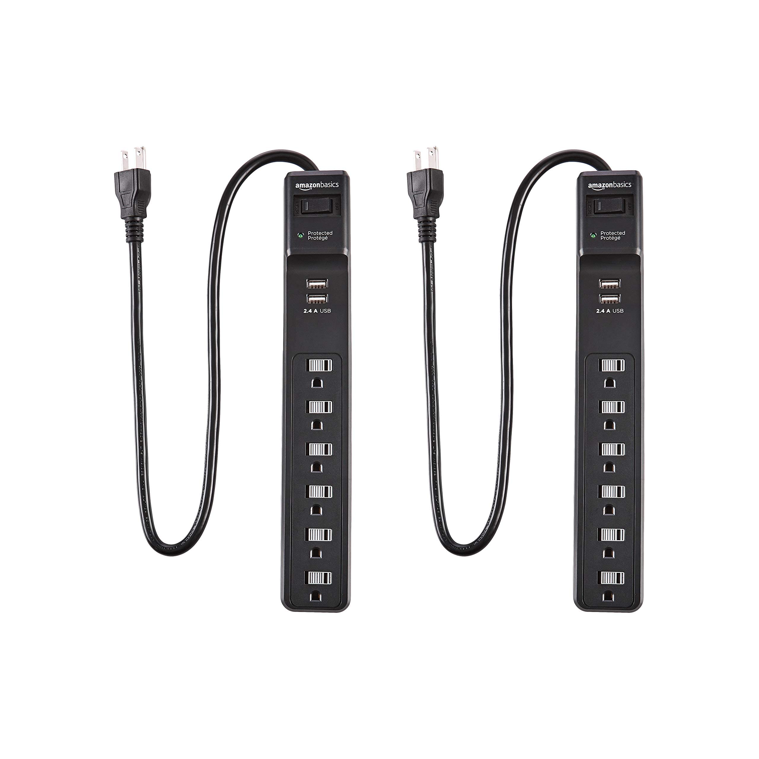 Amazon Basics 6-Outlet Surge Protector Power Strip, 2 USB Ports, 2 Ft Cord - 500 Joule, Black, 2-Pack