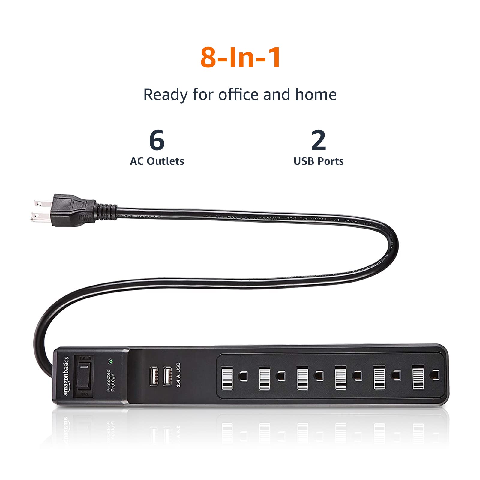 Amazon Basics 6-Outlet Surge Protector Power Strip, 2 USB Ports, 2 Ft Cord - 500 Joule, Black, 2-Pack