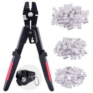 swpeet profession up to 2.2mm wire rope crimping tool wire rope swager crimpers fishing crimping tool with 150pcs 3 size aluminum double barrel ferrule crimping loop sleeve kit