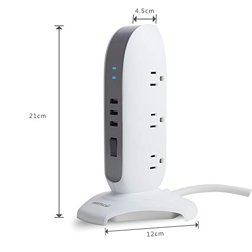 Oviitech Surge Protector Power Strip Tower 5 AC Outlets with 3 USB Charging Ports(3.1A Total), 4 Feet Cord Wire Extension,White and Gray, ETL Listed