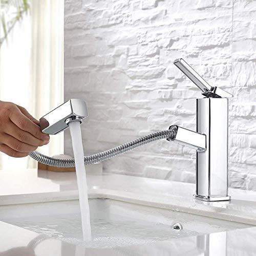 KAIYING Bathroom Sink Faucet with Pull Out Sprayer, Single Handle Basin Mixer Tap for Hot and Cold Water, Lavatory Pull Down Vessel Sink Faucet with Rotating Spout (Regular, Chrome)