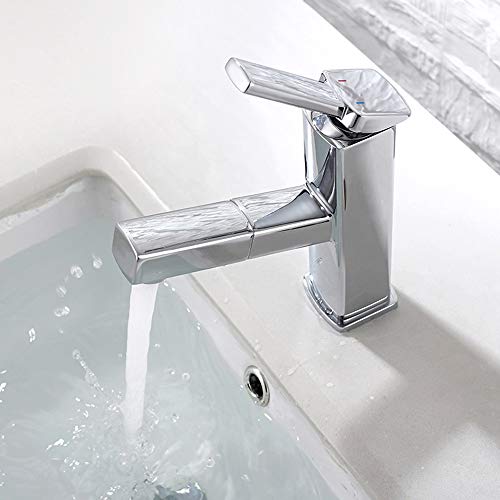 KAIYING Bathroom Sink Faucet with Pull Out Sprayer, Single Handle Basin Mixer Tap for Hot and Cold Water, Lavatory Pull Down Vessel Sink Faucet with Rotating Spout (Regular, Chrome)