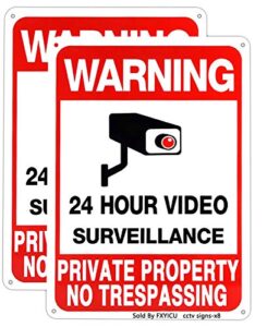 large no trespassing signs private property metal,warning 24 hour video surveillance sign 10x14 aluminum uv printed,durable/weatherproof up to 7 years outdoor for home and business (2-pack)