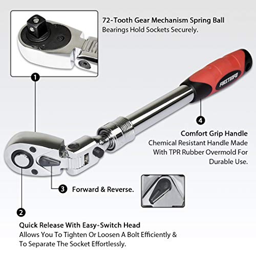 FIRSTINFO F3222ND 1/2-Inch Drive Locking & Flexible Extendable Ratchet Wrench Reversible,Soft-Grip with 72-Tooth Geared Action (Length: 13.8-19.3 Inches)