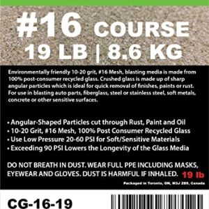 10-20 Grit (#16) Crushed Glass Abrasive - 19 lb or 8.6 kg - Blasting Abrasive Media (Extra Course) #16 Mesh - 1854 to 940 Microns - for Blast Cabinets Or Sand Blasting Guns