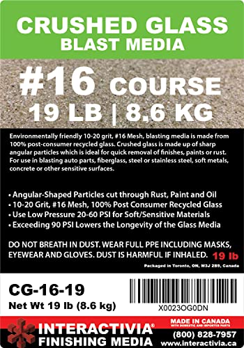 10-20 Grit (#16) Crushed Glass Abrasive - 19 lb or 8.6 kg - Blasting Abrasive Media (Extra Course) #16 Mesh - 1854 to 940 Microns - for Blast Cabinets Or Sand Blasting Guns