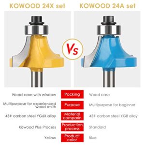 KOWOOD 24X Router Bits Set 1/4 Inch Shank Made of 45# Carbon Steel C3 Alloy Blade for Professional Woodworking