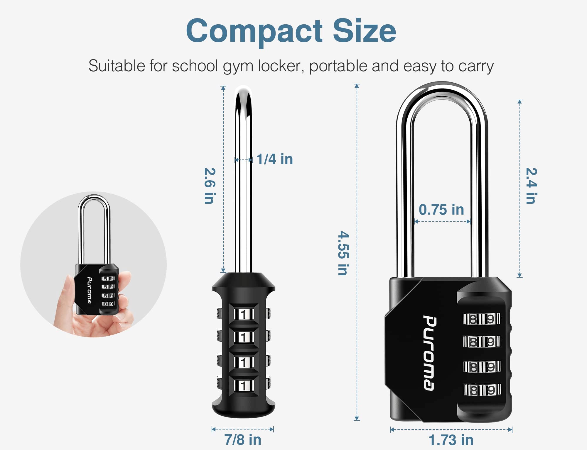 Puroma 2 Pack 2.6 Inch Long Shackle Combination Lock 4 Digit Outdoor Waterproof Padlock for School Gym Locker, Sports Locker, Fence, Gate, Toolbox, Case, Hasp Storage (Black)