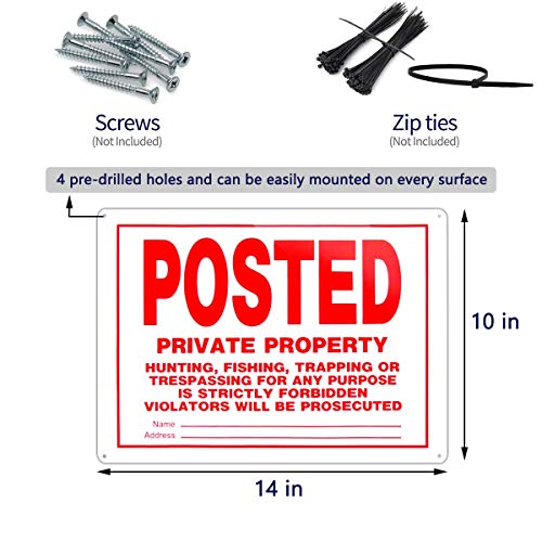 Posted No Trespassing Signs Private Property Mate No Hunting Sign 10x14 Inch Rust Free Aluminum,UV Ink Printing,Indoor or Outdoor Use(4 Pack)