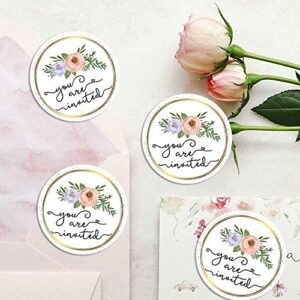 120 x circle party stickers, wedding invitation stickers, save the date labels, you're invited, join us, be our guest, engaged