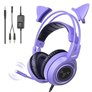 somic g951s purple stereo gaming headset with mic for ps4, ps5, xbox one, pc, phone, detachable cat ear 3.5mm noise reduction headphones computer gaming headphone self-adjusting gamer headsets