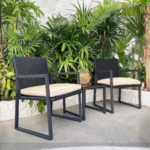 sunlei outdoor 3-piece bistro set black wicker furniture-two chairs with glass coffee table (beige)