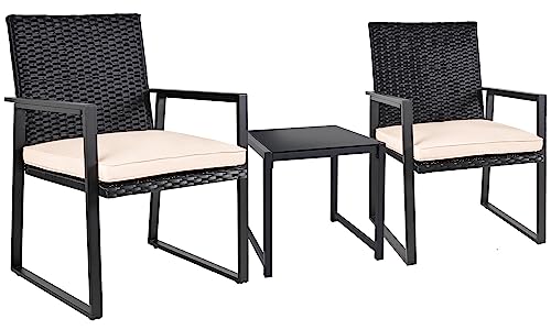 SUNLEI Outdoor 3-Piece Bistro Set Black Wicker Furniture-Two Chairs with Glass Coffee Table (Beige)