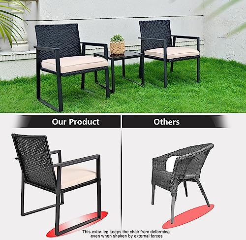 SUNLEI Outdoor 3-Piece Bistro Set Black Wicker Furniture-Two Chairs with Glass Coffee Table (Beige)
