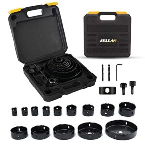hole saw kit, jellas 20pcs hole saw set with 14pcs saw blades, general size 3/4" to 5", 2 mandrels with drill bits, 1 installation plate, 1 hex key, 1 storage case, ideal for wood, pvc board, plastic