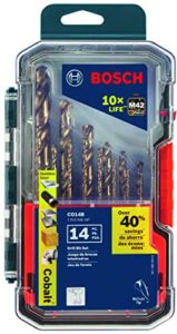 bosch co14b 14-piece assorted set with included case cobalt m42 metal drill bit with three-flat shank for drilling applications in stainless steel, cast iron, titanium, light-gauge metal, aluminum