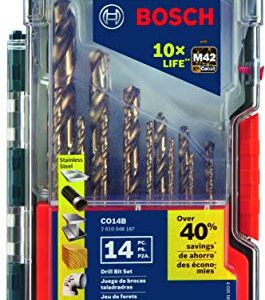 BOSCH CO14B 14-Piece Assorted Set with Included Case Cobalt M42 Metal Drill Bit with Three-Flat Shank for Drilling Applications in Stainless Steel, Cast Iron, Titanium, Light-Gauge Metal, Aluminum