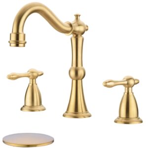 trustmi 2 handle 8-inch bathroom faucet with pop-up drain assembly and cupc water supply hoses, 3 hole widespread lavatory sink faucet, brushed gold
