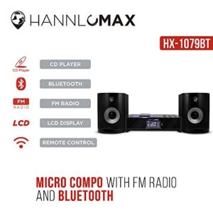 HANNLOMAX HX-1079BT CD Music System, CD Player, PLL FM Radio, Digital Alarm Clock, Bluetooth, Hi-Fi Sound Quality, LCD Display with Backlight, Remote Control Included