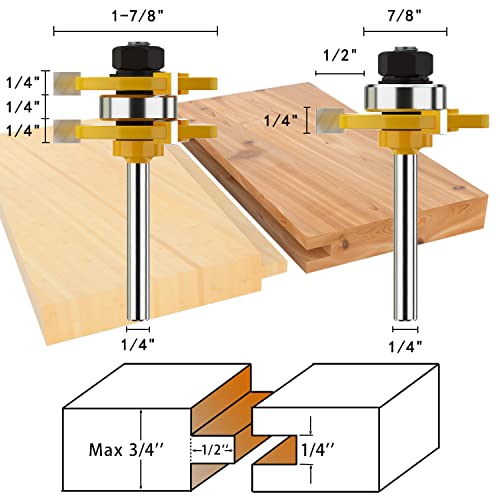 Helovmine Tongue and Groove Router Bit Tool Set with Adjustable 1/4 Inch Shank T Shape Wood Milling with 45 Degree Lock Miter Router Bit 3/4 Inch Stock Joint Router Bit for Wood Drawer, Window, Cupboard