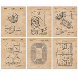 vintage basketball patent prints, 6 (8x10) unframed photos, wall art decor gifts under 25 for home office garage shop school gym student teacher athlete coach national championship sports fan