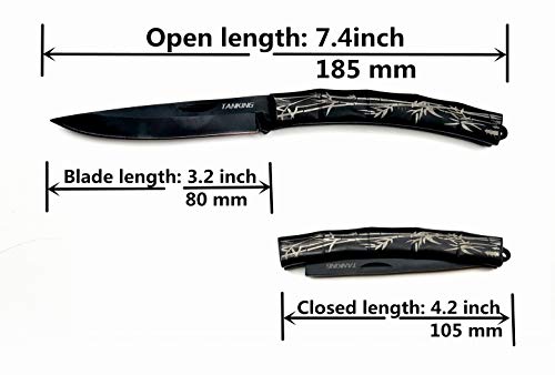 TANKING Bamboo Style Folding Pocket Knife with Non-Slip Pattern Handle, Durable Stainless Steel Blade, Hunting Camping Outdoor Tool Tactical Knife (Bent handle-Black)