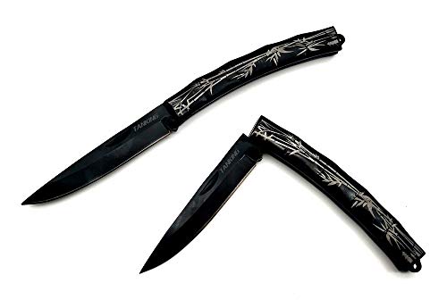 TANKING Bamboo Style Folding Pocket Knife with Non-Slip Pattern Handle, Durable Stainless Steel Blade, Hunting Camping Outdoor Tool Tactical Knife (Bent handle-Black)