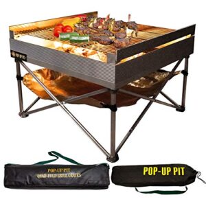 pop-up fire pit - portable outdoor fire pit and bbq grill | packs down smaller than a tent | two carrying bags included | x-large grilling area (fire pit, heat shield, and quad-fold grill included)