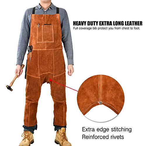 Leather Welding Apron Split Leg for Men - Spark | Flame | Heat Resistant Bib Apron by QeeLink - Heavy Duty Cowhide Leather