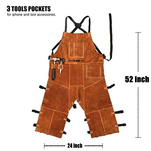 Leather Welding Apron Split Leg for Men - Spark | Flame | Heat Resistant Bib Apron by QeeLink - Heavy Duty Cowhide Leather