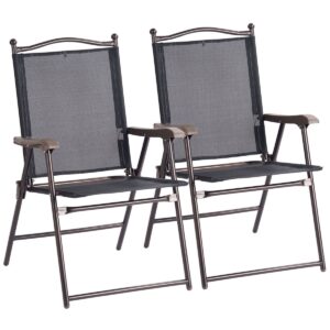 giantex set of 2 patio folding chairs, sling chairs, indoor outdoor lawn chairs, camping garden pool beach yard lounge chairs w/armrest, patio dining chairs, metal frame no assembly, black
