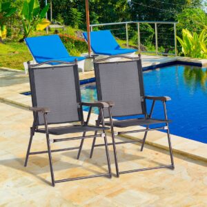 Giantex Set of 2 Patio Folding Chairs, Sling Chairs, Indoor Outdoor Lawn Chairs, Camping Garden Pool Beach Yard Lounge Chairs w/Armrest, Patio Dining Chairs, Metal Frame No Assembly, Black