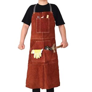 tulgig's leather welding aprons for men/women with gloves-adjustable strap leather apron with 6 tool pockets-heat resistant heavy duty wood working apron-safety apparel 42 x 24 blacksmith apron