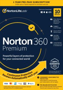norton 360 premium, 2024 ready, antivirus software for 10 devices with auto renewal - includes vpn, pc cloud backup & dark web monitoring [key card]