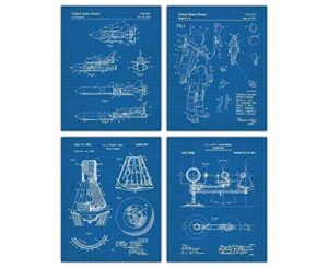 vintage nasa blueprint patent print, set of 4, 8x10 aesthetic wall posters and unique art prints picture for bathroom, home, man cave, dorm, office & bar wall decor poster