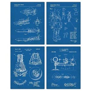 Vintage NASA Blueprint Patent Print, Set of 4, 8x10 Aesthetic Wall Posters and Unique Art Prints Picture for Bathroom, Home, Man Cave, Dorm, Office & Bar Wall Decor Poster