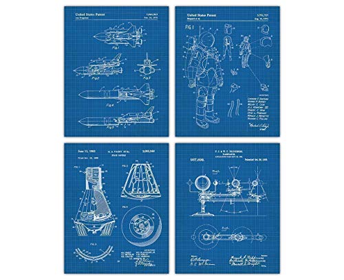 Vintage NASA Blueprint Patent Print, Set of 4, 8x10 Aesthetic Wall Posters and Unique Art Prints Picture for Bathroom, Home, Man Cave, Dorm, Office & Bar Wall Decor Poster