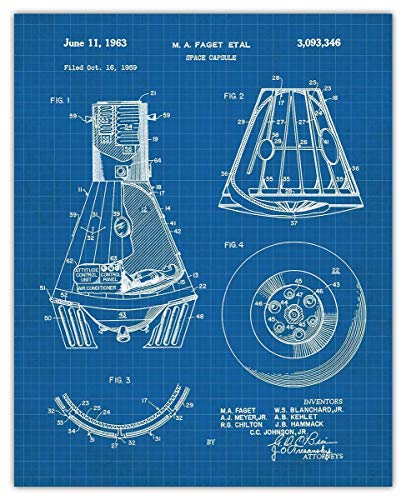 Vintage NASA Blueprint Patent Print, Set of 4, 8x10 Aesthetic Wall Posters and Unique Art Prints Picture for Bathroom, Home, Man Cave, Dorm, Office & Bar Wall Decor Poster