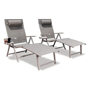 goldsun aluminum outdoor folding adjustable chaise lounge chair set of 2 with headrest and tray for patio beach porch swimming poolside, set of two, grey