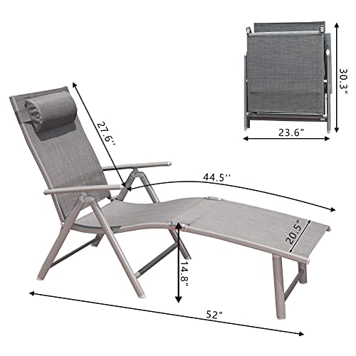 GOLDSUN Aluminum Outdoor Folding Adjustable Chaise Lounge Chair Set of 2 with Headrest and Tray for Patio Beach Porch Swimming Poolside, Set of Two, Grey