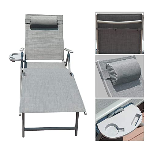 GOLDSUN Aluminum Outdoor Folding Adjustable Chaise Lounge Chair Set of 2 with Headrest and Tray for Patio Beach Porch Swimming Poolside, Set of Two, Grey