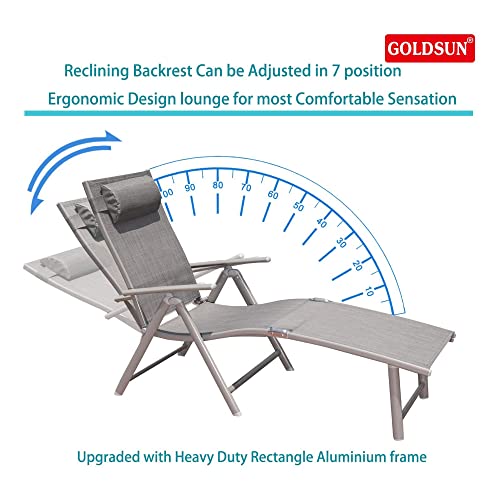 GOLDSUN Aluminum Outdoor Folding Adjustable Chaise Lounge Chair Set of 2 with Headrest and Tray for Patio Beach Porch Swimming Poolside, Set of Two, Grey