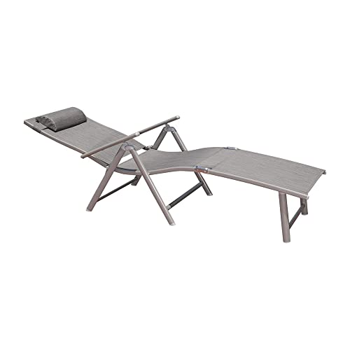 GOLDSUN Aluminum Outdoor Folding Adjustable Chaise Lounge Chair Set of 2 with Headrest and Tray for Patio Beach Porch Swimming Poolside, Set of Two, Grey