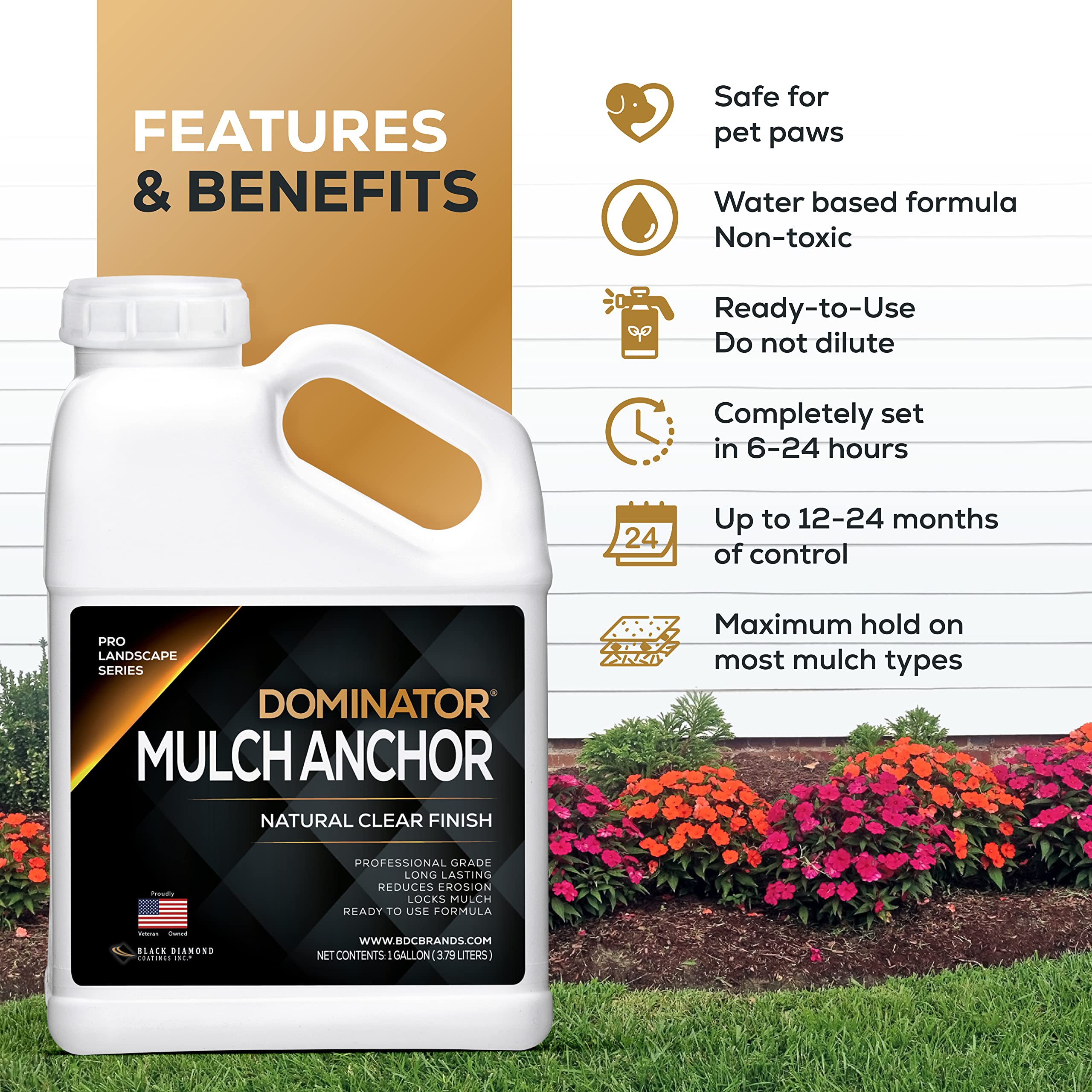 DOMINATOR Mulch Anchor 1 Gallon - Mulch Glue and Pea Gravel Stabilizer, Ready to Use Spray, Lasts up to 2 Years, Fast-Dry, Non-Toxic, Strong Mulch Glue for Landscapes