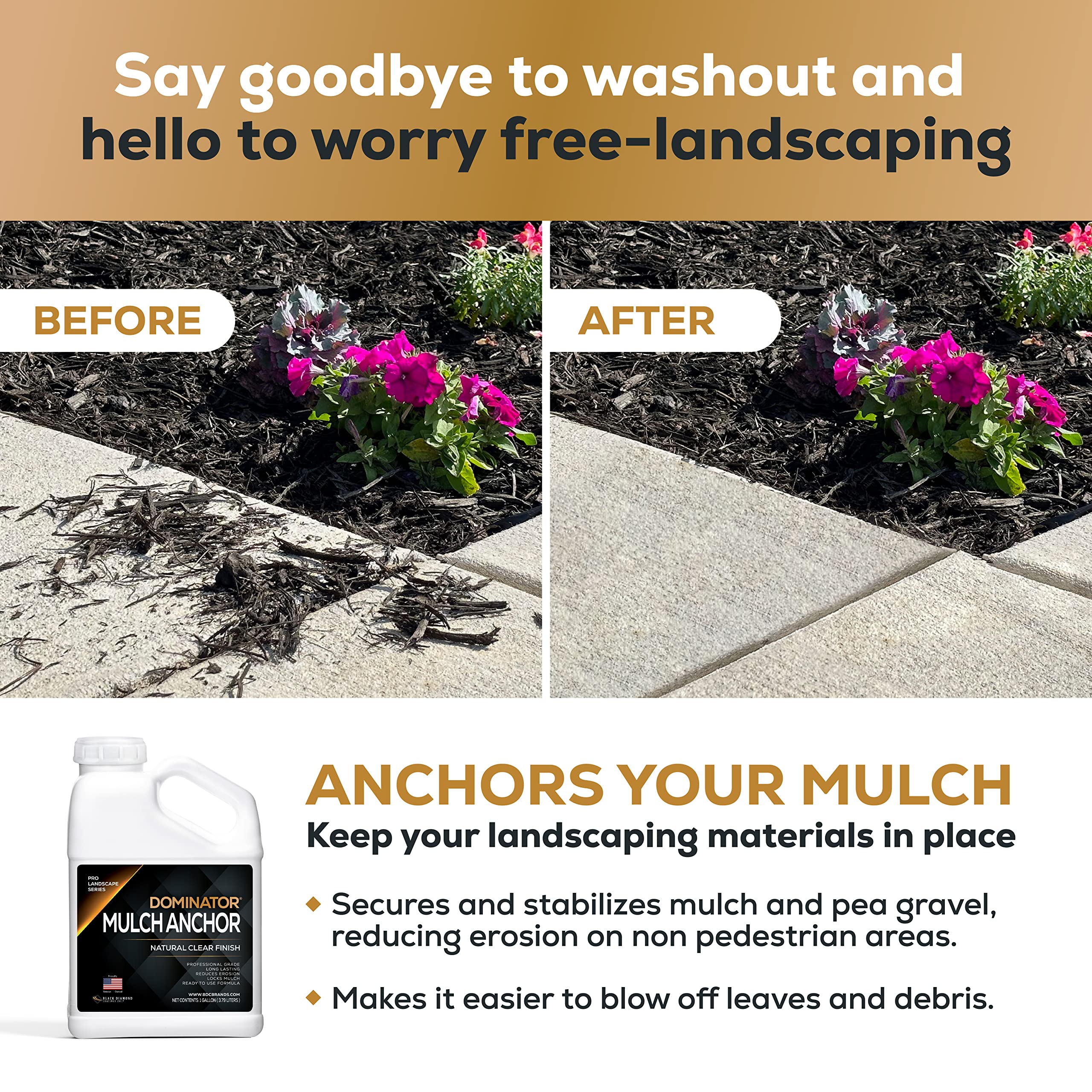 DOMINATOR Mulch Anchor 1 Gallon - Mulch Glue and Pea Gravel Stabilizer, Ready to Use Spray, Lasts up to 2 Years, Fast-Dry, Non-Toxic, Strong Mulch Glue for Landscapes