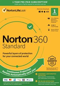 norton 360 standard, 2024 ready, antivirus software for 1 device with auto renewal – includes vpn, pc cloud backup & dark web monitoring [key card]