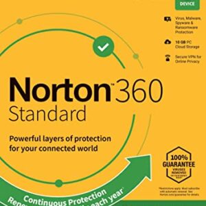 Norton 360 Standard, 2024 Ready, Antivirus software for 1 Device with Auto Renewal – Includes VPN, PC Cloud Backup & Dark Web Monitoring [Key Card]