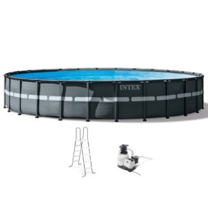 intex ultra frame 26' x 52" round above ground outdoor swimming pool set with 2100 gph sand filter pump, ground cloth, ladder, and pool cover