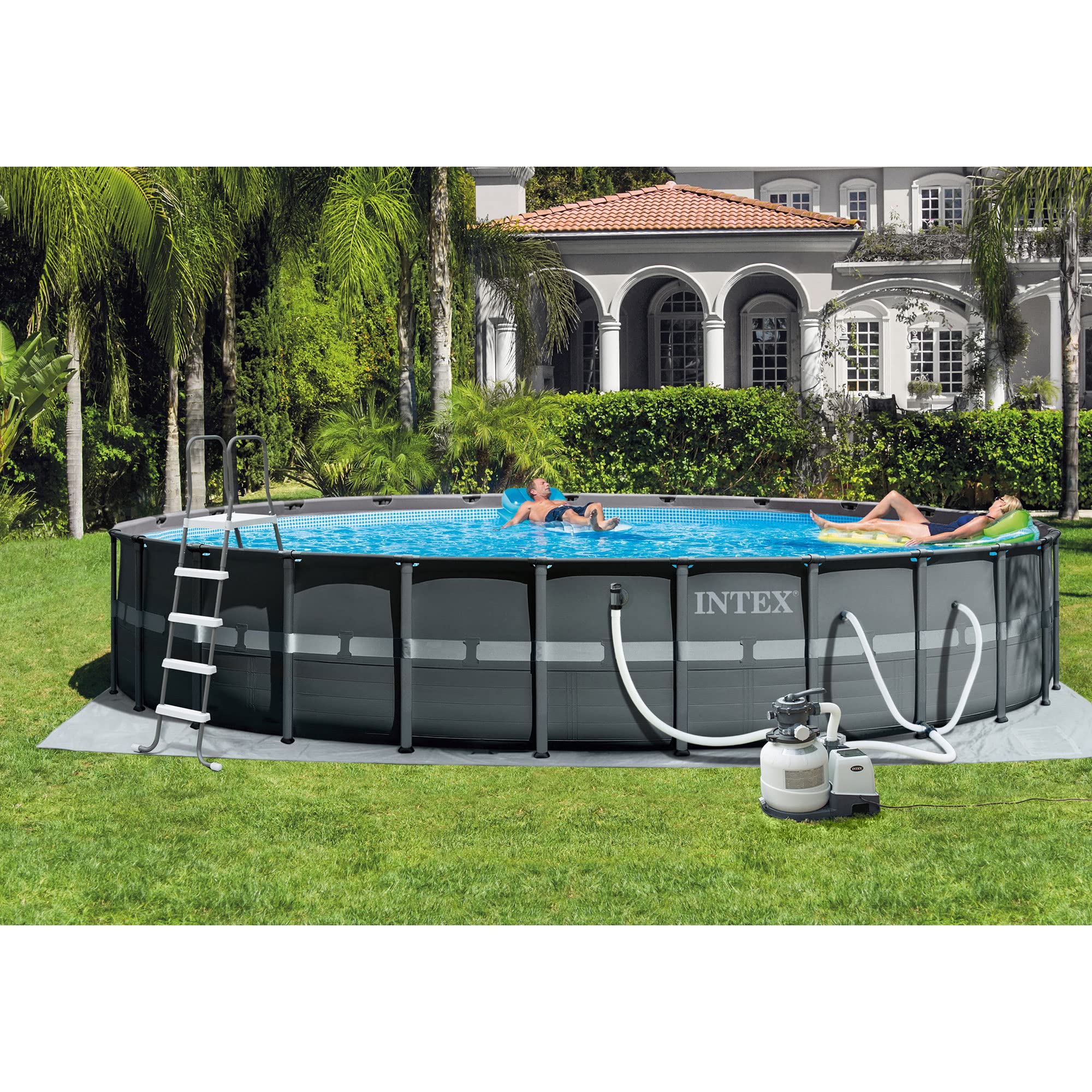 Intex Ultra Frame 26' x 52" Round Above Ground Outdoor Swimming Pool Set with 2100 GPH Sand Filter Pump, Ground Cloth, Ladder, and Pool Cover
